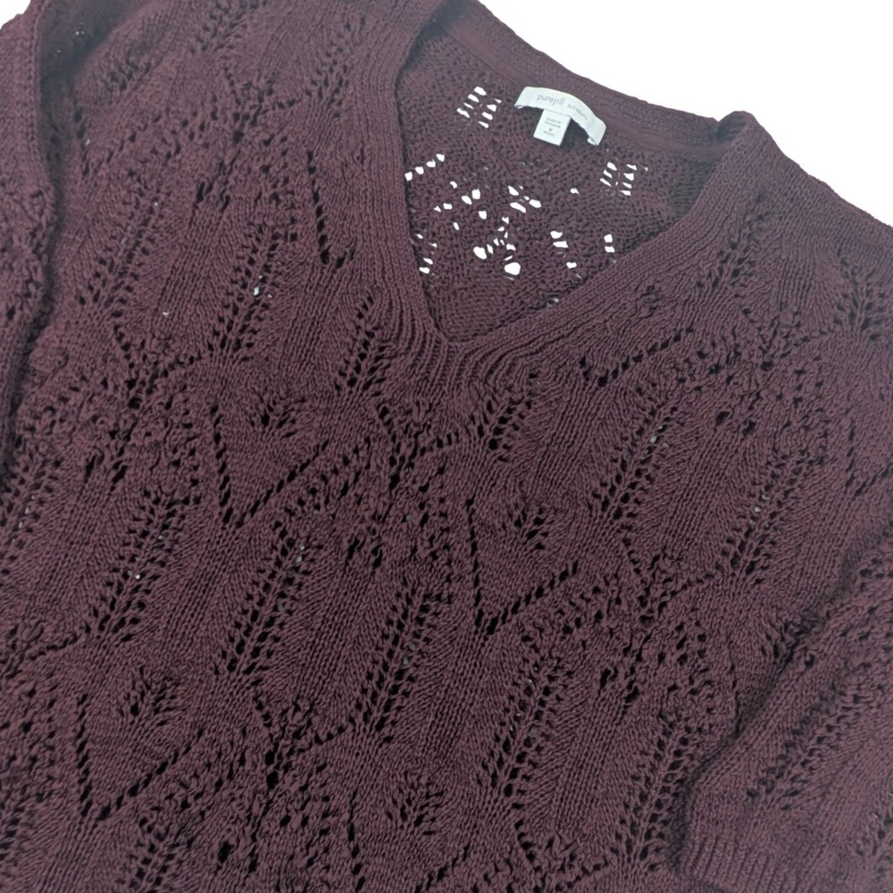 Pure Jill Elements Burgundy Pointelle Knit V-Neck Sweater 3/4 Sleeve Petite M
